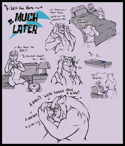 4_fingers anthro arm_tattoo bed bet black_border blue_eyes blush bodily_fluids border brush caressing_head claws crying dialogue duo ear_piercing ear_ring female female_on_anthro finger_claws fingers furniture hair hairbrush hand_on_head heart_symbol hug human_on_anthro impregnation interspecies interspecies_impregnation larger_anthro larger_male male male/female male_on_human musical_note musical_symbol piercing positive_pregnancy_test pregnancy_test pregnant pregnant_female pregnant_human ring_piercing scut_tail short_tail shoulder_tattoo sitting size_difference smaller_female smaller_human smile surprised symbol tail tattoo tears tears_of_joy text towel towel_only devilchicky210 five_nights_at_freddy's five_nights_at_freddy's:_security_breach scottgames steel_wool_studios glamrock_freddy bear human mammal comic english_text hi_res partially_colored