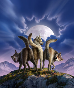 ambiguous_gender black_eyes brown_body brown_eyes brown_fur butt cloud eyes_closed feral fur grass grey_body grey_fur grin group humor looking_back moon mooning mountain open_mouth outside plant presenting presenting_hindquarters pun raised_tail rock sky smile tail tan_body tan_fur visual_pun white_body white_fur jerry_lofaro three_wolf_moon canid canine canis mammal wolf 5:6 hi_res