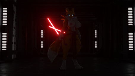 anthro big_breasts blue_eyes breasts clothed clothing dark_room female fur glowing glowing_eyes lightsaber melee_weapon red_lightsaber solo topless weapon white_body white_fur yellow_body yellow_fur zylgius warfaremachine_(modeler) bandai_namco digimon star_wars warfare_renamon digimon_(species) renamon 16:9 3d_(artwork) 4k absurd_res digital_media_(artwork) hi_res widescreen