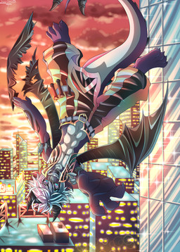 abs anthro belt belt_buckle blue_body blue_eyes blue_hair blue_skin bottomwear buckle city city_background clothed clothing falling hair horn looking_at_viewer male membrane_(anatomy) membranous_wings notched_wings pants reaching_towards_viewer solo sunset tail topless topless_male upside_down white_body white_hair white_skin wings yukocamicats mythology dragon mythological_creature mythological_scalie scalie absurd_res hi_res