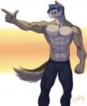 5_fingers abs anthro biceps black_nose bottomwear clothed clothing fingers fur green_eyes hair male muscular muscular_anthro muscular_male pants pecs simple_background skintight_clothing solo standing tight_bottomwear tight_clothing tight_pants topless feralise canid canine canis jackal mammal 2019