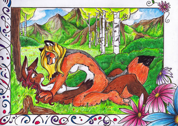 anthro black_body black_fur blonde_hair breasts brown_body brown_eyes brown_fur chest_tuft claws detailed_background dipstick_tail duo eye_contact feet female female/female forest fur hair hindpaw inner_ear_fluff interspecies looking_at_another markings multicolored_tail nature nipples nude orange_body orange_fur outside pawpads paws picture_frame plant predator/prey red_hair romantic romantic_couple side_view smile straddling tail tail_markings toe_claws tree tuft white_body white_fur foxene canid canine fox lagomorph leporid mammal rabbit traditional_media_(artwork)