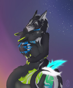 breasts collar duo facial_piercing female furgonomic_piercing furgonomics glowing hug master muzzle_piercing nose_piercing nose_ring piercing ring_piercing septum_piercing side_boob tail katekawetha mammal sergal 5:6