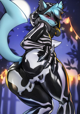 anthro biped blue_body blue_fur blue_tail butt claws fingers fur looking_at_viewer male moon night outside rear_view red_eyes sky smile solo star tail shermugi nintendo pokemon generation_4_pokemon lucario pokemon_(species) 2025 absurd_res digital_drawing_(artwork) digital_media_(artwork) hi_res
