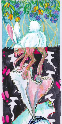 ambiguous_gender bodily_fluids duo feral flower fur gore green_eyes group open_mouth plant predator/prey surrealism teeth white_body white_fur kyokyota aquatic fish ground_shark hammerhead_shark lagomorph leporid mammal rabbit shark 2017 absurd_res hi_res painting_(artwork) traditional_media_(artwork)