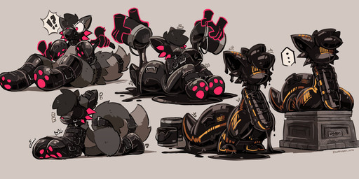 4_fingers anthro barcode bdsm biped blindfold bondage booties bound clothed clothing disembodied_hand ellipsis facial_markings fingers fur group handwear head_markings interrobang kneeling latex liquid_latex male markings mittens paint_bucket sculpture simple_background solo_focus statue statuefication struggling surprised toony transformation transformation_sequence yellow_markings kurousagi_kemo berkut_(shadowdust) canid canine canis mammal wolf 2025 absurd_res digital_media_(artwork) hi_res sequence