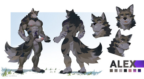 anthro black_body black_fur body_hair chest_hair erection fluffy foreskin fur genitals happy male muscular nude penis pubes purple_eyes smile smirk solo lanladeo alex_nightmurr canid canine canis mammal wolf absurd_res hi_res