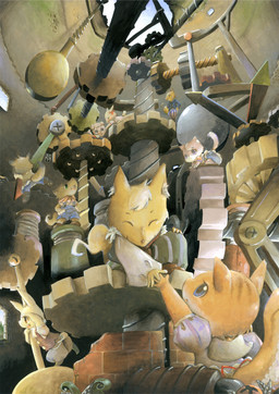 anthro brick building clothed clothing female gear group kemono male nakanishi023 pointer stairs tower hi_res