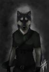 anthro belt bleak_ambiance clothing gun handgun male melee_weapon pistol ranged_weapon serious solo standing sword weapon velkiel_(artist) aiden_(flashfire) canid canine canis domestic_dog husky mammal nordic_sled_dog spitz 2016 colored