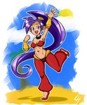 5_fingers bandeau breasts clothed clothing eyelashes female fingers footwear hair humanoid_pointy_ears long_hair navel not_furry open_mouth pointy_ears ponytail purple_hair shoes solo standing topwear limehazard shantae_(series) wayforward shantae humanoid