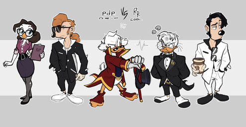 4_fingers anthro beverage black_bow_tie black_clothing black_suit bottomwear bow_tie cane chart clothed clothed_anthro clothed_female clothed_male clothing coffee dress eyewear female fingers footwear fully_clothed fully_clothed_anthro fully_clothed_female fully_clothed_male glasses group hair larger_anthro larger_female larger_male mafia male male_anthro pose shoes size_difference skirt smaller_anthro smaller_male standing suit text white_clothing white_footwear white_shoes selinaeagle disney ducktales team_fortress_2 valve valve_corporation duckworth jeeves john_d_rockerduck miss_pauling_(team_fortress_2) scrooge_mcduck anatid anseriform avian bird canid canine canis domestic_dog duck mammal absurd_res digital_drawing_(artwork) digital_media_(artwork) english_description hi_res signature