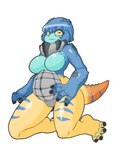 big_breasts black_claws blue_body blue_hair blue_scales blue_stripes breasts claws eyelashes featureless_breasts featureless_crotch female grey_body grey_scales hair kneeling looking_at_viewer orange_body orange_scales scales short_hair simple_background slightly_chubby smile solo stripes tail white_background wide_hips yellow_body yellow_eyes yellow_scales nekofy capcom monster_hunter animal_humanoid dodogama fanged_wyvern humanoid lizard_humanoid reptile reptile_humanoid scalie scalie_humanoid tailed_humanoid 3:4 hi_res