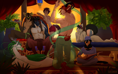 anthro bottomwear breasts clothed clothing dancing female fur group hair horn loincloth lute lying male musical_instrument nipples nude on_side plucked_string_instrument sitting skimpy smile standing string_instrument tail solomonvolfovich mythology canid canine dragon felid humanoid mammal mythological_creature mythological_scalie scalie hi_res