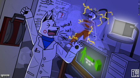 anthro bottomwear clothed clothing coat duo female fully_clothed fur lab_coat male scientist smile sweater tail text topwear alvidz canid canine canis domestic_dog mammal wolf digital_media_(artwork) english_text hi_res