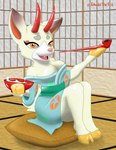 alcohol anthro asian_clothing beverage breasts cleavage clothed clothing east_asian_clothing female hooves horn japanese_clothing kimono pillow pipe sake smoking_pipe solo tatami tokalathefox animal_crossing nintendo shino_(animal_crossing) cervine deer mammal muntjac hi_res