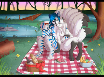 anthro anthro_on_anthro black_bars blue_hair detailed_background duo eyes_closed female fur grass green_eyes hair male male/female multi_tail one_eye_closed outside plant smile tail tree water white_body white_fur white_hair citrinelle canid canine fox mammal 2015 digital_media_(artwork)