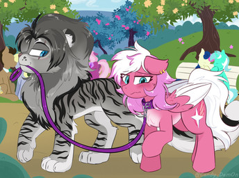 blue_eyes blush collar cutie_mark duo embarrassed feathered_wings feathers female feral fur horn leash male mane public scar smile tail wings candy_dem0n friendship_is_magic hasbro my_little_pony mythology background_character berry_punch_(mlp) bonbon_(mlp) cheerilee_(mlp) derpy_hooves_(mlp) doctor_whooves_(mlp) lucas_everest lyra_heartstrings_(mlp) starwing_(cero_woof) equid equine felid horse lion mammal mythological_creature mythological_equine pantherine pegasus pony unicorn 2026 digital_media_(artwork) hi_res