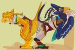 alternate_species anthro ass_to_ass avian_feet beak blue_body blue_feathers blush butt_rub cloacal cloacal_kiss clothing duo feathers feet hair male male/male open_mouth sex simple_background species_transformation talons toes transformation yellow_background yellow_body the_coast_is_near breath_of_the_wild nintendo the_legend_of_zelda link_(rito_form) revali avian bird rito hi_res