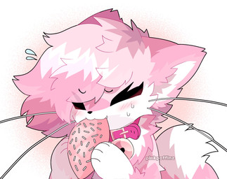 ambiguous_gender anthro bell bodily_fluids collar cute_fangs eating fangs fluffy flying_sweatdrops food fur hair holding_food holding_object jingle_bell multicolored_body multicolored_fur multicolored_hair paws pink_body pink_fur pink_hair solo sweat sweatdrop tail teeth white_body white_fur white_hair pinkpoffinz puffi_(pinkpoffinz) canid canine domestic_cat felid feline felis fox hybrid mammal 2025 digital_media_(artwork) hi_res