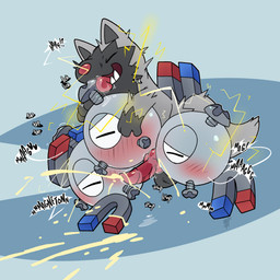 ambiguous_gender animal_genitalia animal_penis balls blush bodily_fluids canine_genitalia canine_penis cum dot_eyes duo ejaculation electricity electrostimulation erection eyes_closed fur genital_fluids genitals grey_body grey_fur hands-free knot licking looking_pleasured magnet male male/ambiguous orgasm penis red_eyes saliva simple_eyes tongue tongue_out yellow_sclera argon_vile nintendo pokemon animate_inanimate generation_1_pokemon generation_3_pokemon magneton pokemon_(species) poochyena 1:1 hi_res