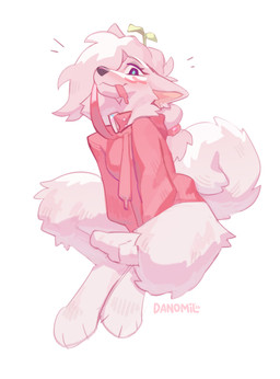 anthro biped blush breasts clothed clothed_anthro clothed_female clothing feet female front_view fur hair looking_at_viewer simple_background sitting smile solo tail toes danomil vilka canid canine canis domestic_dog mammal nordic_sled_dog samoyed spitz 2026 digital_drawing_(artwork) digital_media_(artwork)