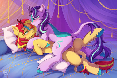 alternate_species anus bed bedroom_eyes blush cutie_mark duo female female/female feral feral_on_feral from_front_position furniture genitals hair hooves lidded_eyes lying missionary_position narrowed_eyes on_back on_bed pillow quadruped seductive sex tribadism vaginal vulva javafluffy equestria_girls friendship_is_magic hasbro my_little_pony starlight_glimmer_(mlp) sunset_shimmer_(eg) kirin_(mlp) digital_drawing_(artwork) digital_media_(artwork) hi_res