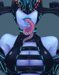 armor big_breasts blue_background blue_body blue_lips blue_skin bodily_fluids breasts cleavage clothed clothing female headgear helmet lips long_tongue open_mouth saliva simple_background solo sweat tentacles tongue tongue_out kiwi_(artist) platinumgames the_wonderful_101 vijounne alien