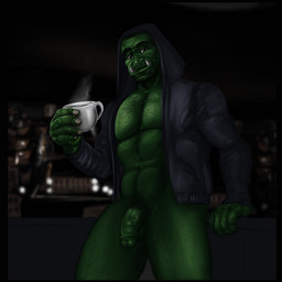 beverage black_clothing black_hoodie black_topwear body_hair bottomless clothed clothing coffee flaccid foreskin genitals hairy holding_object hoodie male not_furry open_clothing open_hoodie open_topwear partially_retracted_foreskin penis presenting pubes solo topwear tusks vein veiny_penis vhyena humanoid orc 1:1 hi_res