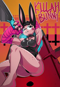 4_fingers anthro biceps big_breasts black_clothing black_hair black_leotard black_nose blue_hair breasts buckteeth butt claws clothed clothing collar cross cross_necklace eyewear female fingers freckles fur glasses hair hand_wraps holding_object holding_weapon jewelry leotard long_hair looking_at_viewer melee_weapon muscular muscular_anthro necklace open_mouth pink_body pink_fur solo sword teeth text weapon wraps miscuitsxd lagomorph leporid mammal rabbit absurd_res digital_media_(artwork) english_text hi_res