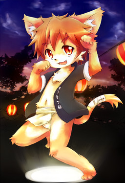anthro asian_clothing bottomless bottomwear bulge clothed clothing detailed_background east_asian_clothing etchu_fundoshi festival fundoshi fur japanese_clothing kemono lamp lantern loincloth looking_at_viewer male open_clothing open_shirt open_topwear orange_body orange_fur plant red_eyes shirt sky solo topwear tree underwear young young_anthro young_male do_obmmm domestic_cat felid feline felis mammal