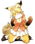 alternate_species anthro biped blazer blonde_hair bottomwear breasts clothing countershading dipstick_ears ear_markings female fur fur_collar furrification gloves_(marking) hair inner_ear_fluff kemono kneeling long_hair looking_at_viewer markings multicolored_ears necktie simple_background skirt solo tuft white_background white_body white_countershading yellow_body yellow_eyes yellow_fur sigmarion kemono_friends ezo_red_fox_(kemono_friends) canid canine fox mammal 2017 hi_res