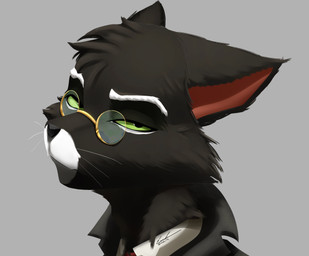 anthro black_body black_eyes black_fur clothing dark_body dark_fur eyewear formal_wear fur glasses green_sclera grey_background head_tilt looking_at_viewer male multicolored_body simple_background solo suit three-quarter_view whiskers enoxarts lackadaisy mordecai_heller domestic_cat felid feline felis mammal absurd_res clip_studio_paint_(artwork) digital_drawing_(artwork) digital_media_(artwork) hi_res portrait
