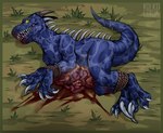 bind blood blue_body bodily_fluids corpse death death_focus disembowelment gore grass guts horn killing lying male markings organs plant rope solo spikes spots spotted_markings teeth kolkolukija dinosaur dromaeosaurid prehistoric_species reptile scalie theropod absurd_res hi_res
