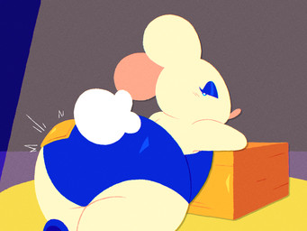 anthro bent_over big_butt blue_clothing blue_eyes blue_leotard blush butt butt_shot cheese clothed clothing dairy_products eyelashes food leotard looking_at_viewer looking_back overweight rear_view solo tan_body thick_thighs toony navipal cheese_slap bunnymouse mammal mouse murid murine rodent 4:3 hi_res meme