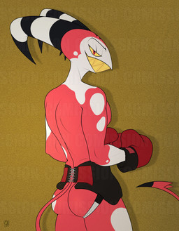 athletic athletic_humanoid athletic_male back_muscles boxing_gloves clothing handwear horn looking_at_viewer male multicolored_body multicolored_horn narrowed_eyes rear_view red_body sharp_teeth smile solo spade_tail tail teeth white_body hiddenfurgr33n hellaverse helluva_boss blitzo_(helluva_boss) demon horned_humanoid humanoid imp absurd_res distracting_watermark hi_res watermark