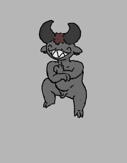balls black_body black_horn black_skin floating genitals hair horn laugh male penis red_hair short_hair slightly_chubby small_balls small_penis solo jakpak demon humanoid imp tagme
