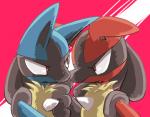 alternate_color ambiguous_gender anthro black_body black_fur blue_body blue_fur duo fur pink_background red_body red_fur simple_background sikai nintendo pokemon generation_4_pokemon lucario pokemon_(species)