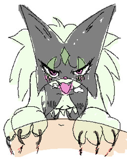 ambiguous_gender anthro belly bestiality black_legs blush breasts breath claw_marks claws diamond_(marking) duo ear_tuft eyelashes fangs female female/ambiguous feral feral_on_top first_person_view fur green_arms green_body green_fur green_hair green_hands hair head_tuft human_on_feral human_pov in_heat interspecies lying male male_pov markings mask navel on_back on_top open_mouth panting paws pink_eyes pink_nose pixelated simple_background simple_coloring small_breasts smile teeth tongue tuft wearing_mask white_background conditional_dnp hexuru nintendo pokemon generation_9_pokemon human mammal meowscarada pokemon_(species) 2026 colored digital_drawing_(artwork) digital_media_(artwork) sketch