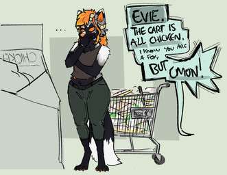 animal_hrt anthro barefoot belt chicken_meat colored_nails dialogue digitigrade feet female fluffy fluffy_tail food grocery_store meat nails shopping solo tail thinking vanillayote canid canine fox mammal red_fox silver_fox true_fox 2024 hi_res trans_(lore) trans_woman_(lore)