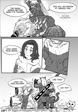 anthro black_hair dialogue duo greatsword hair long_hair male melee_weapon snow snowman sword text weapon winter kensamiluv bandai_namco digimon digimon_beatbreak kyo_sawashiro digimon_(species) human mammal murasamemon comic english_text hi_res monochrome