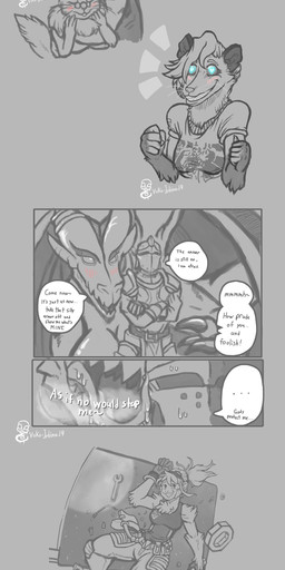 3_toes 4_fingers 5_fingers anthro big_breasts bodily_fluids breasts carrying_another carrying_partner chair claws clothing dialogue drooling eyewear feet female fingers flirting furniture glasses gloves goggles group hammer handwear heart_symbol horn hug human_on_anthro interspecies knight larger_female licking male nude saliva scared sitting size_difference sweat tail tail_around_leg text toes tongue toolbox tools warrior wings wrench vuko-jebina mythology american_opossum arthropod chinchilla chinchillid dinosaur dragon dromaeosaurid haplorhine human insect kangaroo macropod mammal marsupial monkey mythological_creature mythological_scalie prehistoric_species primate reptile rodent scalie theropod virginia_opossum 2019 absurd_res comic digital_drawing_(artwork) digital_media_(artwork) english_text hi_res monochrome signature translated