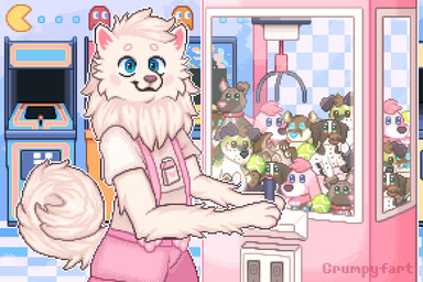 anthro arcade claw_machine clothing male plushie solo speech_bubble tail tail_motion tailwag grumpyfart canid canine canis domestic_dog mammal pomeranian spitz 3:2 animated digital_media_(artwork) loop pixel_(artwork) pixel_animation