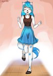 anthro blue_body blue_fur blue_hair bottomwear clothing female fur hair shirt skirt solo tail tail_motion tailwag tank_top teeth topwear white_body white_fur rayti_nekoson felid feline mammal