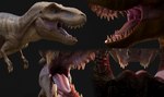 ambiguous_gender blue_eyes brown_body detailed_mouth feral inside_mouth open_mouth pink_tongue solo striped_back tan_body tan_teeth teeth tongue acidic dinosaur prehistoric_species reptile scalie 3d_(artwork) detailed digital_media_(artwork) hi_res multiple_images