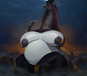 anthro areola belly big_belly big_breasts breasts clothing female hair hat headgear headwear huge_belly huge_breasts huge_hips huge_thighs legwear long_hair long_neck markings multicolored_body nipple_piercing nipples piercing pregnant pregnant_anthro pregnant_female sitting solo spots spotted_body thick_thighs thigh_highs wide_hips bbpxls giraffe giraffid mammal