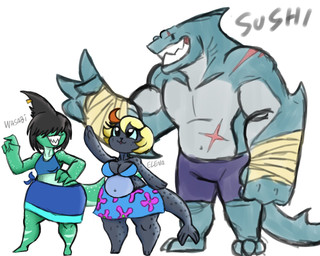 4_fingers anthro bikini bikini_top black_body black_hair blonde_hair blue_body bottomwear breasts clothing eyelashes female fingers freckled_arms freckled_face freckled_hips freckled_legs freckled_shoulders freckled_tail freckles green_body group hair long_eyelashes male markings muscular muscular_male scar shirt shorts skirt spots spotted_arms spotted_hips spotted_legs spotted_markings spotted_shoulders spotted_tail stocky swimwear tail tail_markings topwear trio two-piece_swimsuit tibbs aquatic fish mammal pinniped seal shark 5:4 hi_res