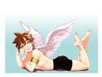 blush bottomwear brown_hair clothing feathered_wings feathers feet hair light_body light_skin looking_at_viewer male not_furry open_mouth open_smile shorts simple_background smile soles solo toes wings soft_sizzle kid_icarus nintendo pit_(kid_icarus) angel humanoid winged_humanoid 4:3 absurd_res hi_res