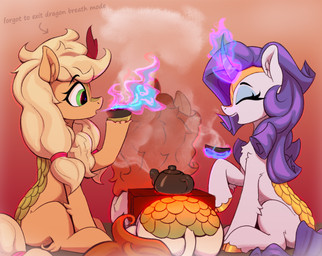 alternate_species beverage blonde_hair eyelashes eyes_closed eyeshadow female feral fur green_eyes group hair hooves horn long_hair makeup orange_body orange_fur purple_hair purple_tail quadruped scales sitting tail text trio white_body white_fur yellow_tail rnghat friendship_is_magic hasbro my_little_pony mythology applejack_(mlp) autumn_blaze_(mlp) rarity_(mlp) dragon kirin mythological_creature mythological_scalie scalie absurd_res english_text hi_res