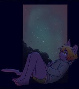 anthro bent_legs clothed clothing fur hair hand_on_chest heterochromia hoodie kemono looking_up lying male on_back orange_hair pantsless purple_body purple_fur solo star topwear young strayrozerem roze_(strayrozerem) domestic_cat felid feline felis mammal 2025 absurd_res hi_res letterbox