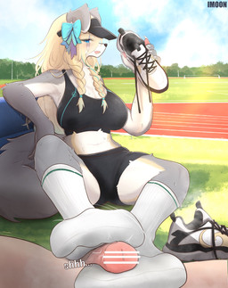 anthro asymmetrical_footwear barefoot blonde_hair blue_eyes blue_sky blush bodily_fluids bow_ribbon breasts claws clothing cloud dirty dirty_clothing dirty_socks duo feet female first_person_view foot_fetish foot_focus foot_play footjob footwear genitals grass hair human_on_anthro human_pov interspecies male male/female musk musky_feet nails pawpads paws penis plant plantigrade sex shoes sky smelly smelly_feet smelly_socks sock_fetish sockjob socks soles steamy_feet sweat tail two-footed_footjob white_clothing white_footwear white_socks yimoon640 canid canine canis human mammal wolf hi_res